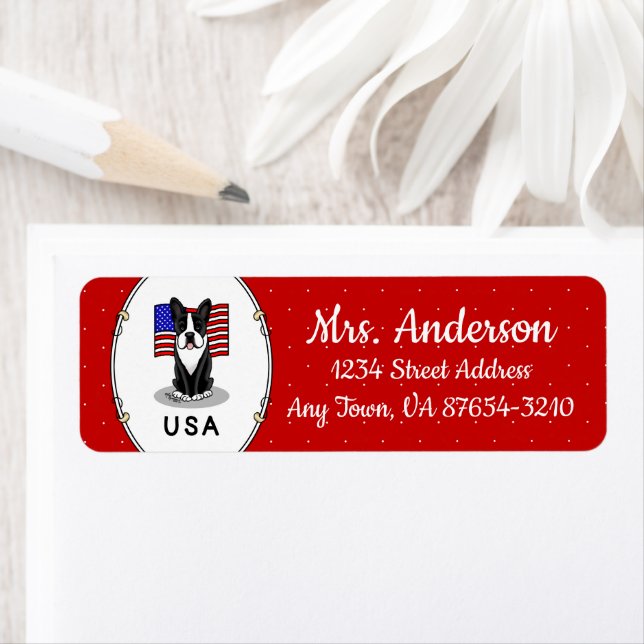 Étiquette Drapeau américain mignon Boston Terrier Dog (noir) (En situation)