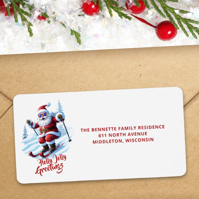Étiquette Drôle Père Noël Skiant Adresse de Retour de Noël (Créateur téléchargé)