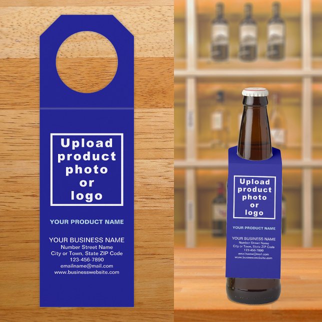 Étiquette du cintre de bouteille bleue du produit  (Blue bottle hanger tag for the product of your business.)