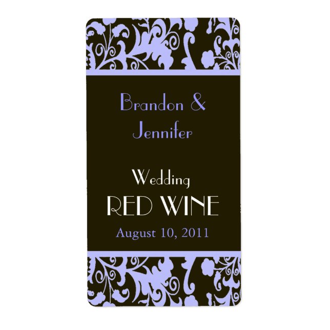 Étiquette du vin Mini Mariage damassé bleu et Brow (Devant)