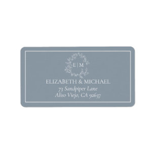 Étiquette Dusty Blue Leafy Crest Monogram Adresse du Mariage
