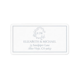 Étiquette Dusty Blue Leafy Crest Monogram Adresse du Mariage