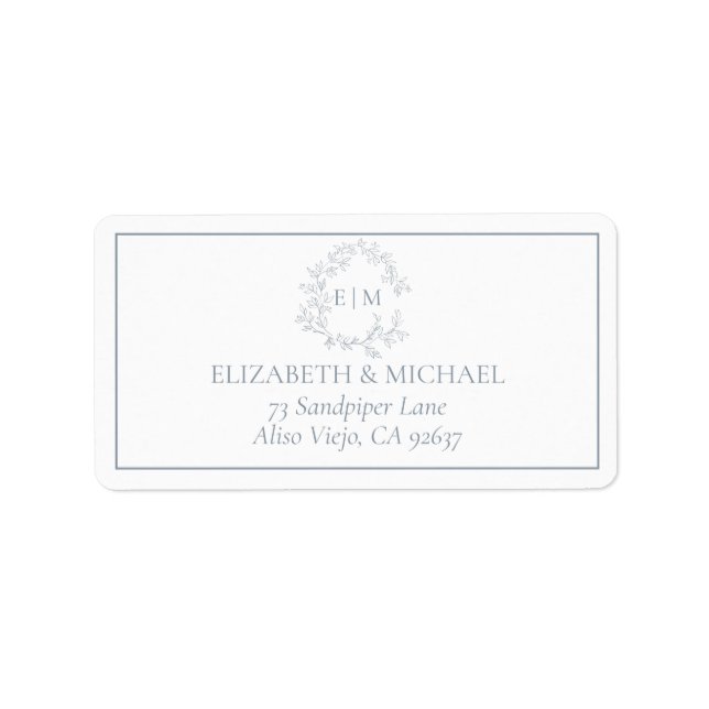 Étiquette Dusty Blue Leafy Crest Monogram Adresse du Mariage (Devant)