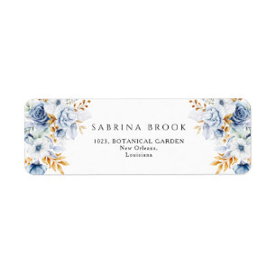 Étiquette Dusty Blue White Gold Floral Mariage Adresse