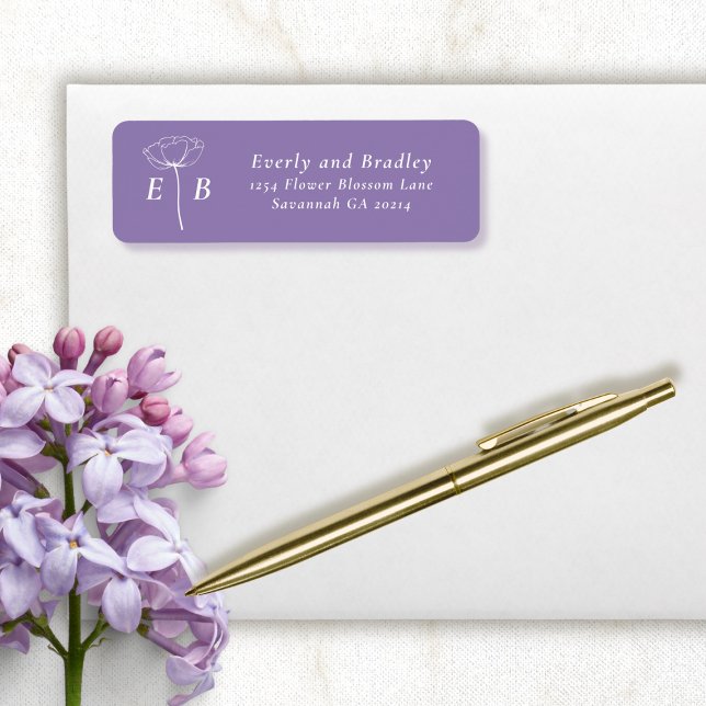 Étiquette Dusty Purple White Monogram Floral Accent Address (Créateur téléchargé)