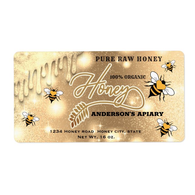 Étiquette Éclairage gouttes abeilles script miel jarre étiqu (Devant)
