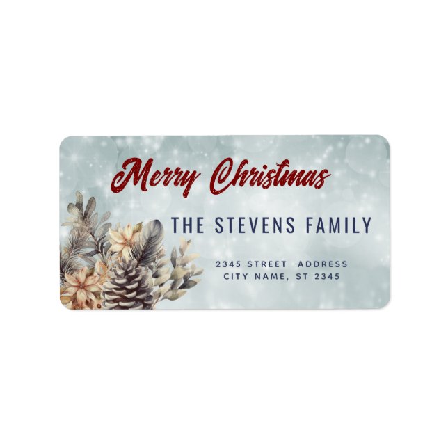 Étiquette Écriture hivernale Joyeux cône de pin de Noël flor (Devant)