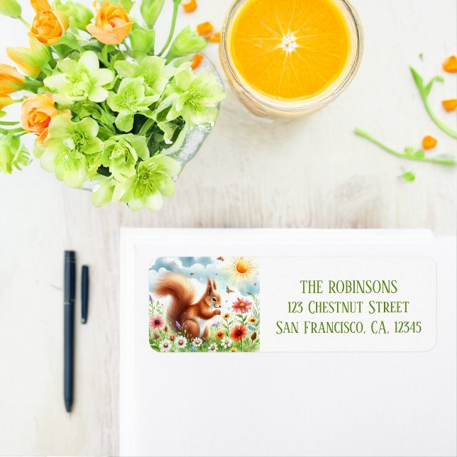 Étiquette Écureuil d'aquarelle de printemps Adresse de retou (Créateur téléchargé)