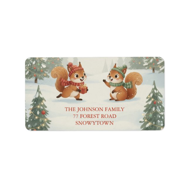 Étiquette Écureuils joueurs dans la forêt hivernale de Noël (Devant)