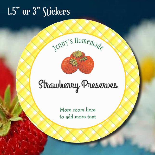 Étiquette Éditable à Carreaux Jaunes de Fraise (strawberry preserves canning sticker)