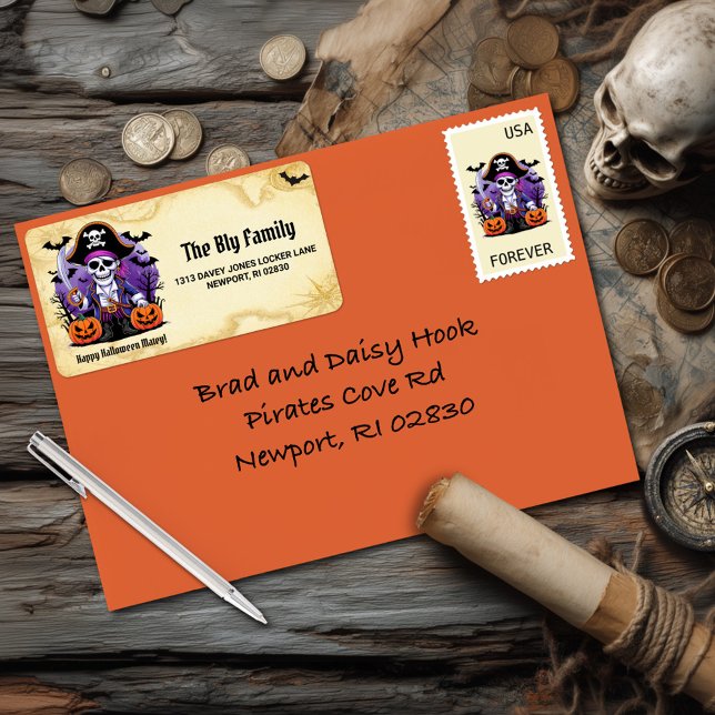 Étiquette Éffrayant Skeleton Pirate Happy Halloween Matey (Créateur téléchargé)