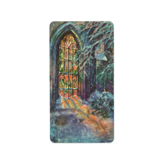 Étiquette Eglise de Noël vintage avec vitre en verre