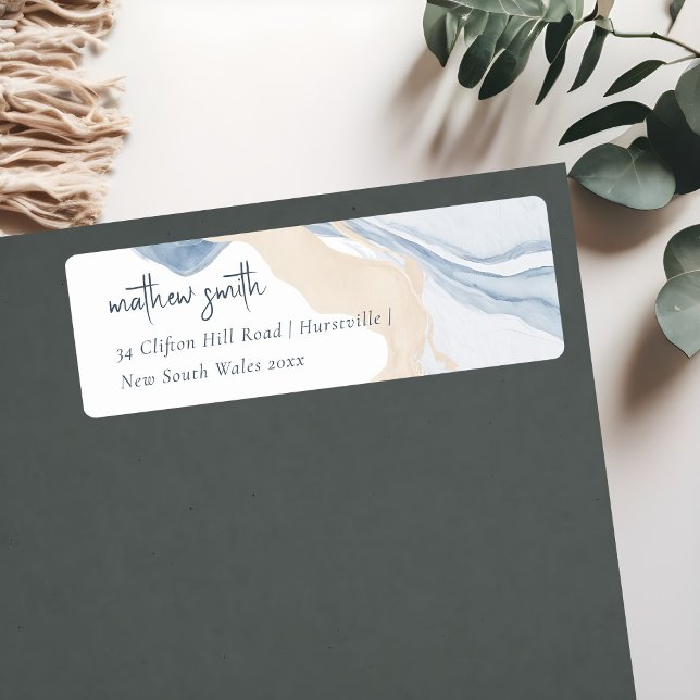 Étiquette Elégant Abstrait Blue Beige Coastal Beach Adresse (Créateur téléchargé)