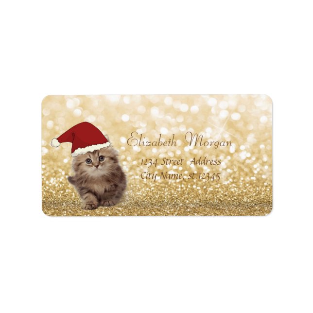 Étiquette Élégant, Adorable Chat Avec SantaHat, Glittery Bok (Devant)