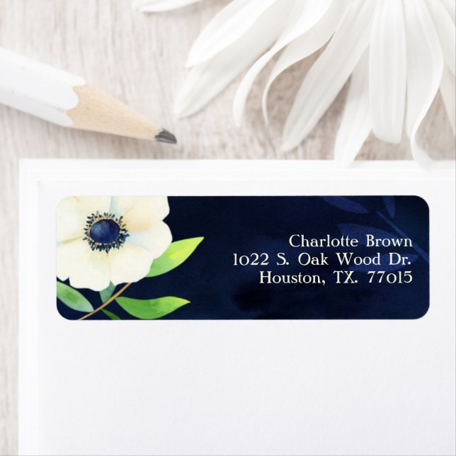 Étiquette Elegant Anemone Navy Blue Mariage Adresse (En situation)