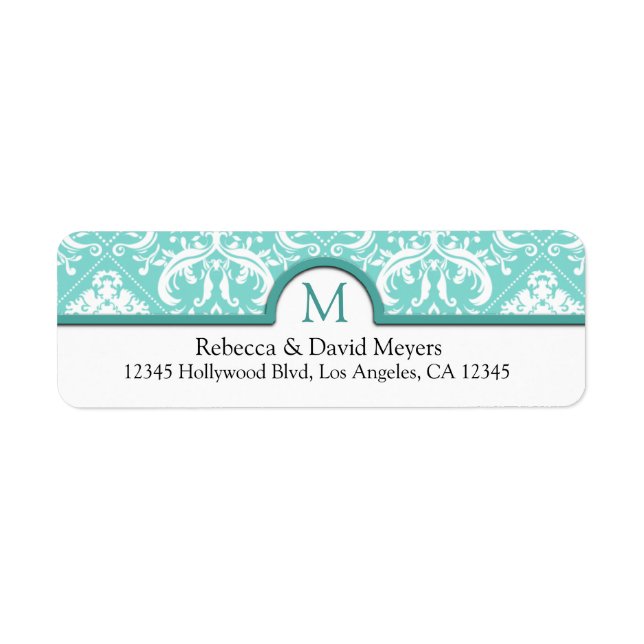 Étiquette Elégant Aqua bleu & blanc Damas avec Monogramme (Devant)
