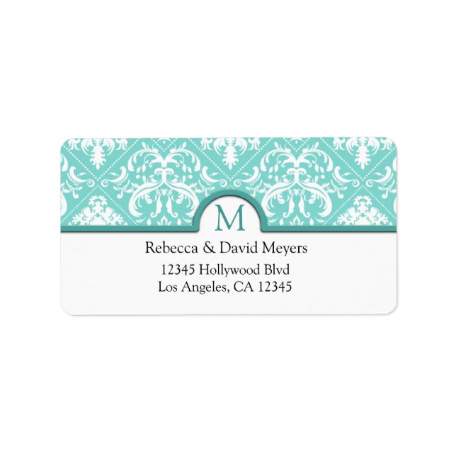Étiquette Elégant Aqua bleu & blanc Damas avec Monogramme (Devant)