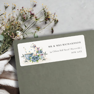 Étiquette Elégant Aqua Blue floral Teapot Cup Cake Adresse