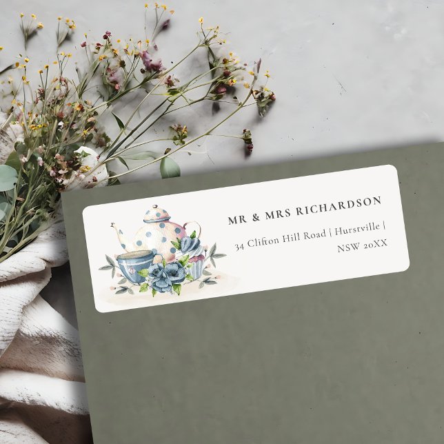 Étiquette Elégant Aqua Blue floral Teapot Cup Cake Adresse (Créateur téléchargé)