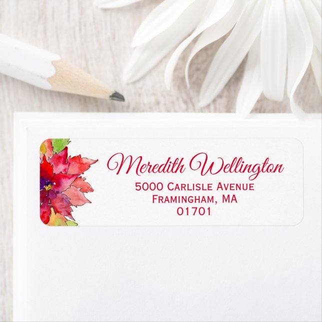 Étiquette Elegant Aquarelle Poinsettia Red Adresse de retour (En situation)