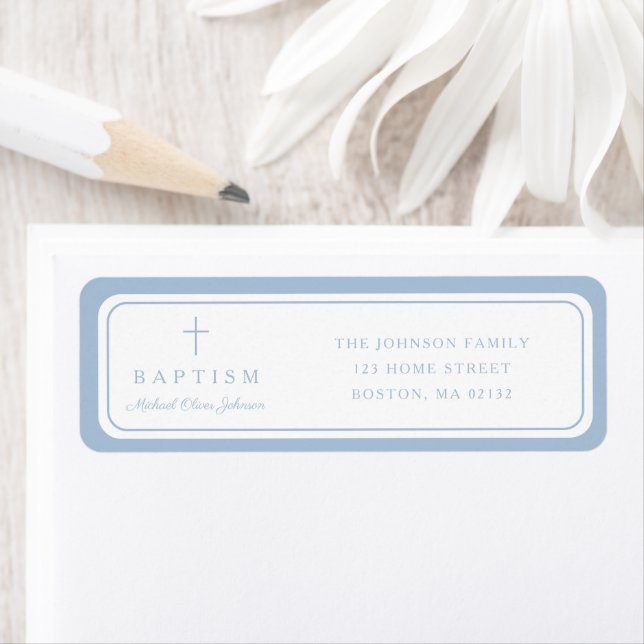 Étiquette Elegant Baby Blue Cross Boy Baptism Address  (En situation)
