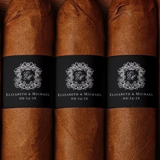 Étiquette Elegant Black Monogram Wedding Crest Cigar Band  (Créateur téléchargé)