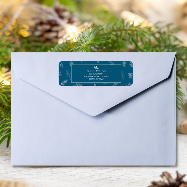 Étiquette Elégant blanc Feuille d'hiver bleu (Créateur téléchargé)
