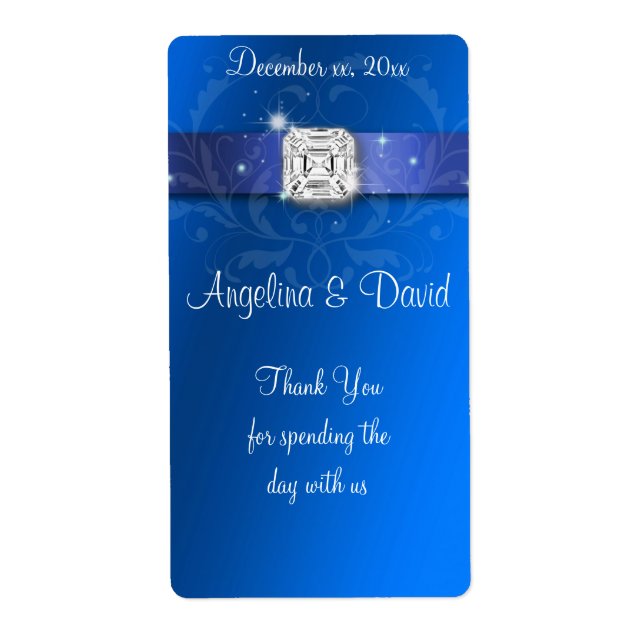 Étiquette Elégant Bleu Ruban Diamant Vin/Eau (Devant)