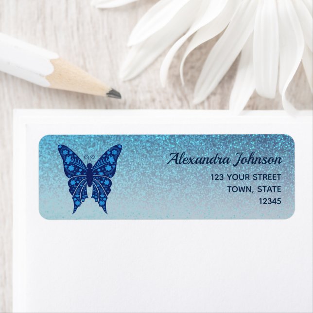 Étiquette Elegant Blue Butterfly Return Address  (En situation)