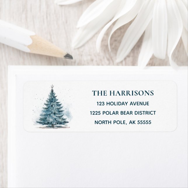 Étiquette Elegant Blue Christmas Tree Return Address (En situation)
