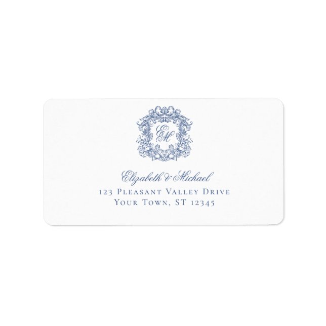 Étiquette Elegant Blue Monogram Crest Wedding Address (Devant)