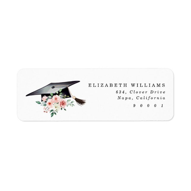 Étiquette Elegant Blush Floral Graduation Hat Address Label  (Devant)