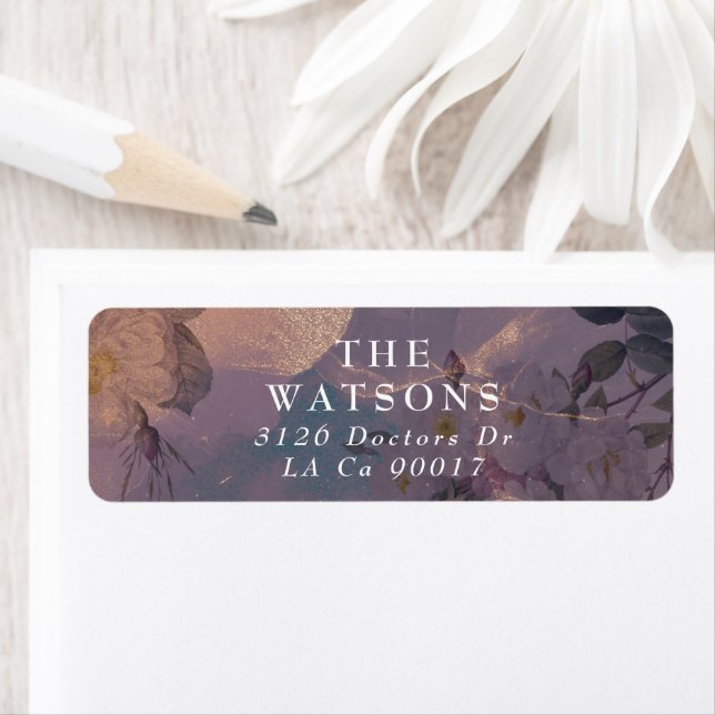 Étiquette Élégant Boho clair Floral violet Rose Mariage or (En situation)