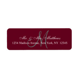 Étiquette Elegant Bourgogne Grey Monogramme Mariage Adresse