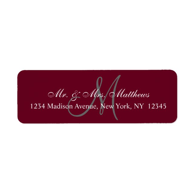 Étiquette Elegant Bourgogne Grey Monogramme Mariage Adresse (Devant)
