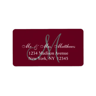 Étiquette Elegant Bourgogne Grey Monogramme Mariage Adresse