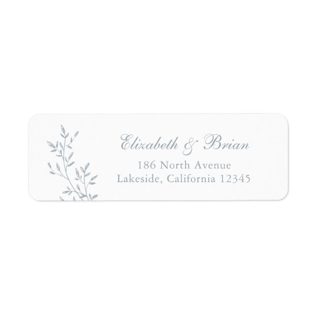 Étiquette Elegant Branche Feuille Bleu Script Mariage Adress (Devant)
