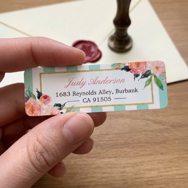 Étiquette Élégant Chic Fleurs Roses Mint Grandes Vertes (Créateur téléchargé)