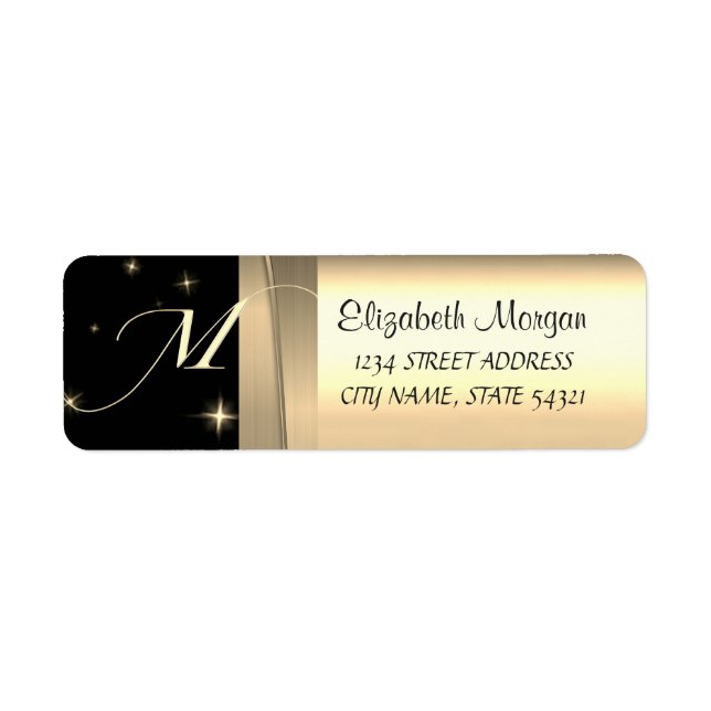 Étiquette Élégant Chic Luxe, Faux Or, Noir, Monogramme (Devant)