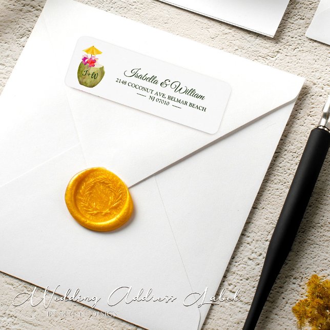 Étiquette Elégant Coconut Tropical Beach Adresse de mariage (Créateur téléchargé)