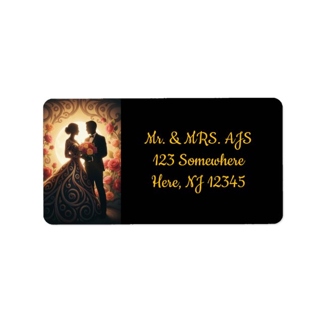 Étiquette Elegant Couple Silhouette with Roses (Devant)