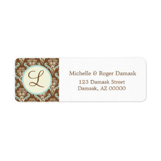 Étiquette Élégant Damas Custom Monogramme Brown Blanc Bleu