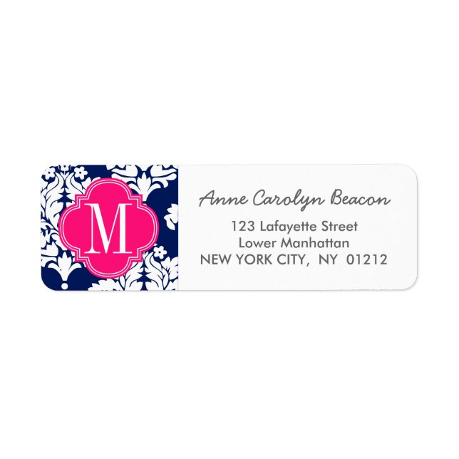 Étiquette Elégant Damask Navy & Rose Custom Monogramme (Devant)