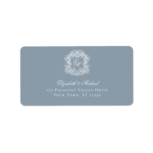 Étiquette Elegant Dusty Blue Monogram Crest Wedding Address (Devant)