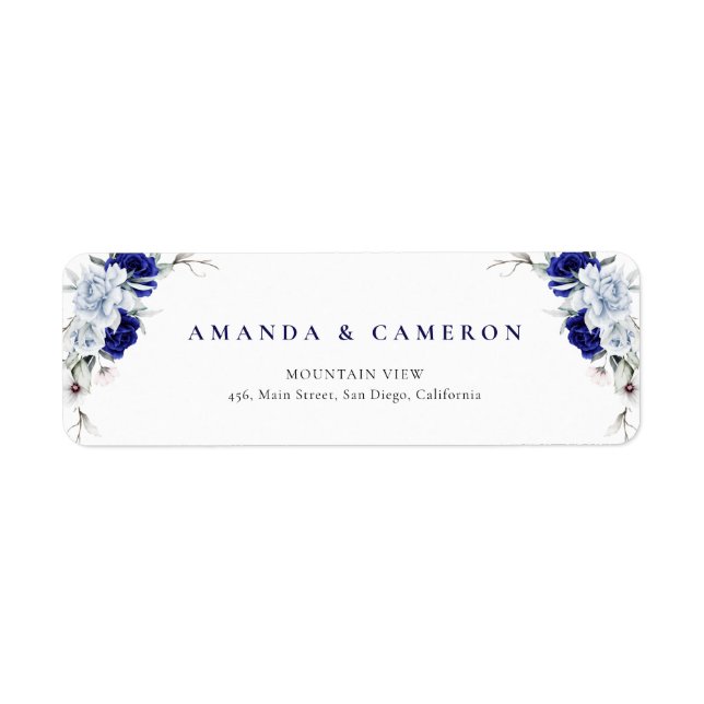 Étiquette Elegant Dusty Blue Navy Floral Wedding Address (Devant)