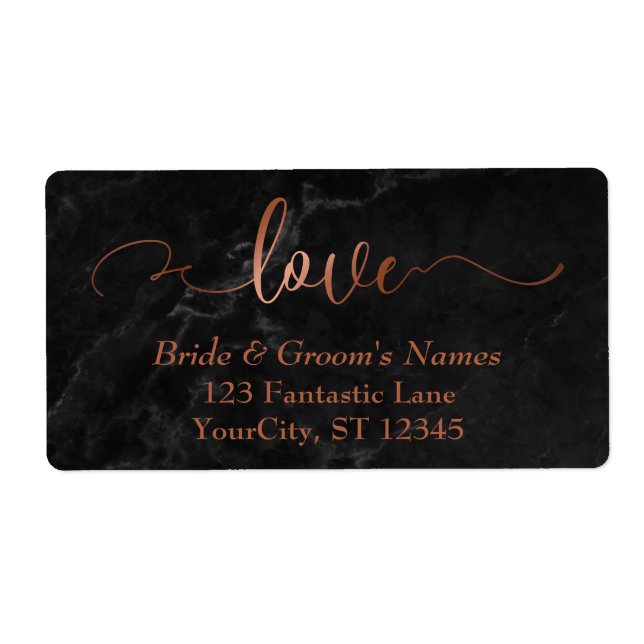 Étiquette Élégant Faux Cuivre, Marbre Noir Script d'amour (Devant)