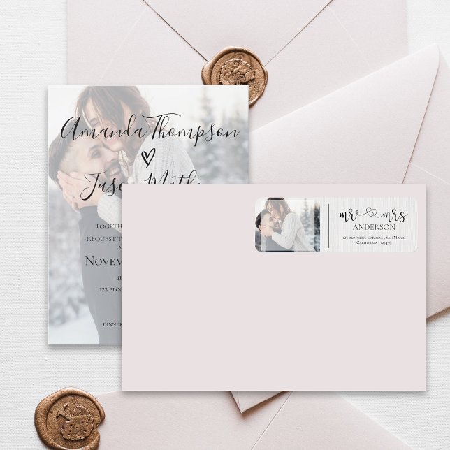 Étiquette Elegant Faux Vellum Mr & Mrs Mariage Photo Étiquet (Elegant Faux Vellum Mr & Mrs Photo Wedding Address Label)