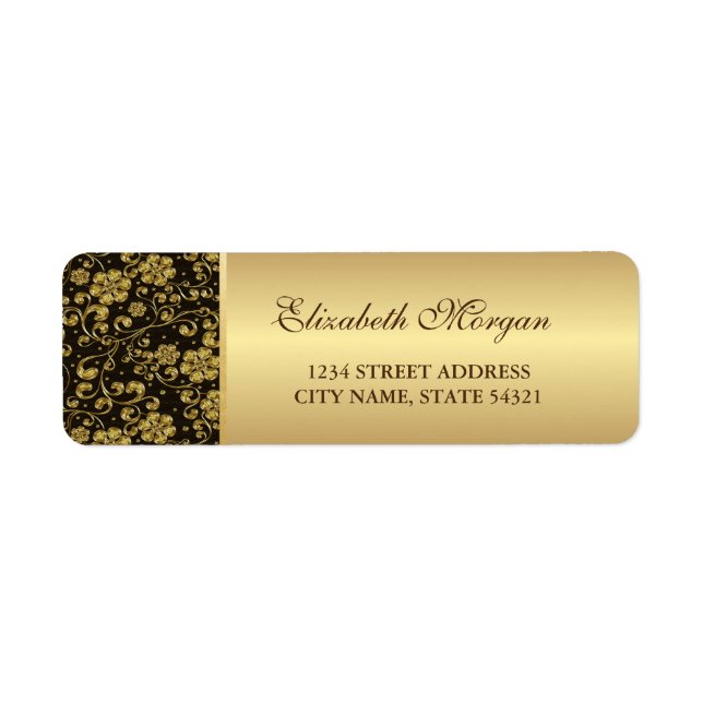 Étiquette Elegant Festive Gold Flowers, Black Label (Devant)