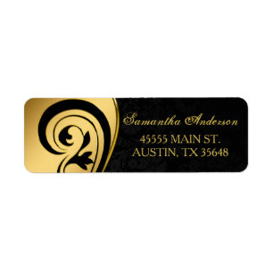 Étiquette Élégant, feuille d'or, tourbillons, adresse noire