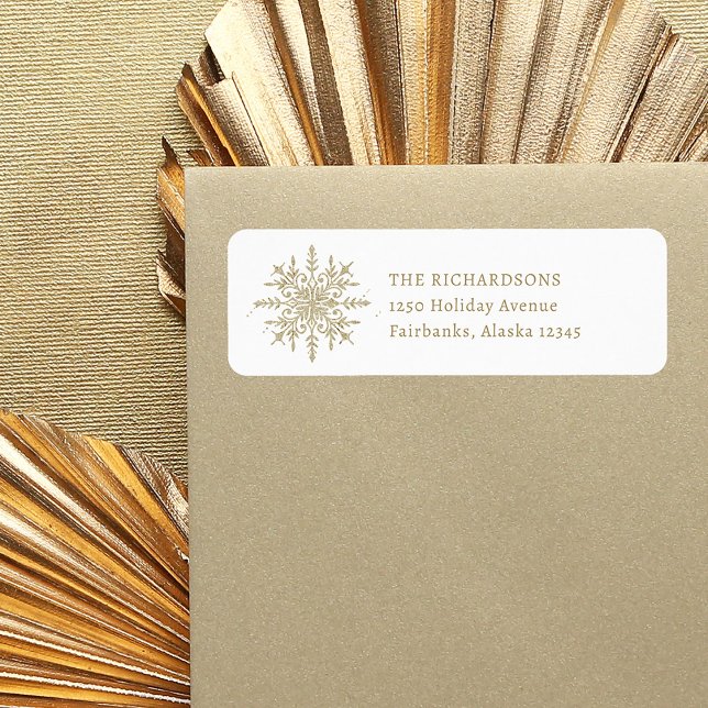 Étiquette Élégant flocon de neige doré | Adresse de retour d (An elegant Christmas return address label, with a festive gold snowflake)